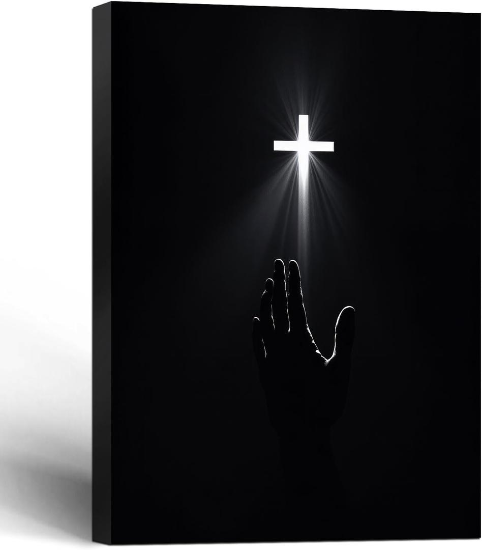 Framed Christian Wall Art Redemption Faith Poster Cross and Hands Black and White Canvas Print Religious Painting Jesus Picture Home Living Room Decor 12x16 Inch Ready to Hang