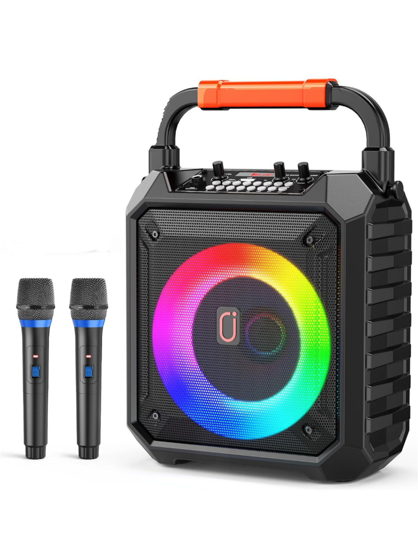 JYX Karaoke Machine with 2 Wireless Mics, Portable Bluetooth Karaoke Speaker with LED Lights for Kids and Adults,PA System Speaker Supports TF Card/USB/AUX-in/REC for Party Indoor/Outdoor