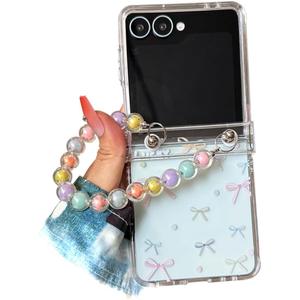 GO-VOLMON Girls Strap Case for Samsung Galaxy Z Flip 7 Cute Design, Kawaii Wristband Cover Hinge Protector, Lovely Woman Shockproof Case for Z Flip 7, Colorful Bow (Clear)