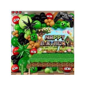 Pixel Birthday Party Decorations Kit, Green Video Game Theme Tablecloth & Foil Fringe Curtains Backdrop Streamers for Boys Girls Game Lovers Table Cloth Cover Birthday Pixel Party Favors & Supplies