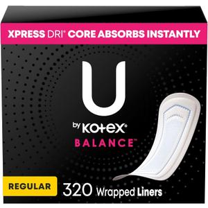 U by Kotex Balance Wrapped Panty Liners, Regular Length, 320 Count (6 Packs of 40)