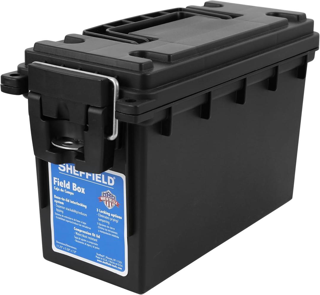 Sheffield 12629 Ammo Storage Box, Stackable .30 Cal Field Boxes, Water and Dust Resistant, Lockable Storage Box with Handle, Secures Hunting Gear, Supplies, and Bullets, Made in USA, Black, 1-Pack (0.30)