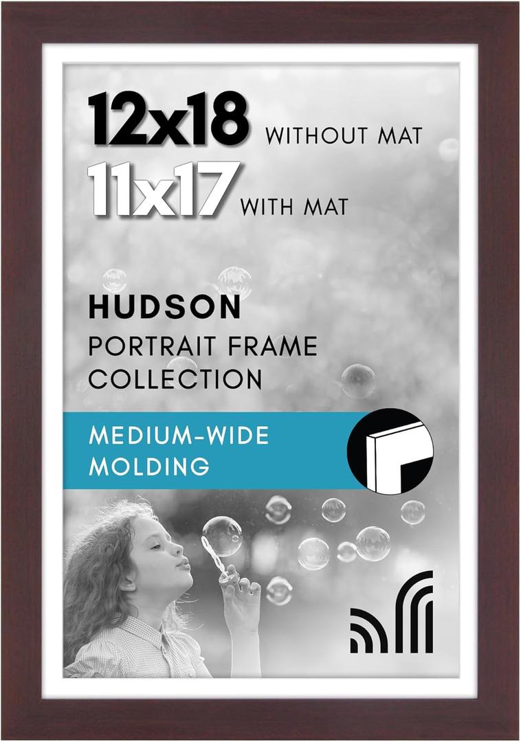 Americanflat 12x18 Poster Frame with Shatter-Resistant Glass - Use as 11x17 Frame with Mat or 12x18 Frame Without Mat - Hudson Collection - Wide Photo Frame for Wall display - Mahogany