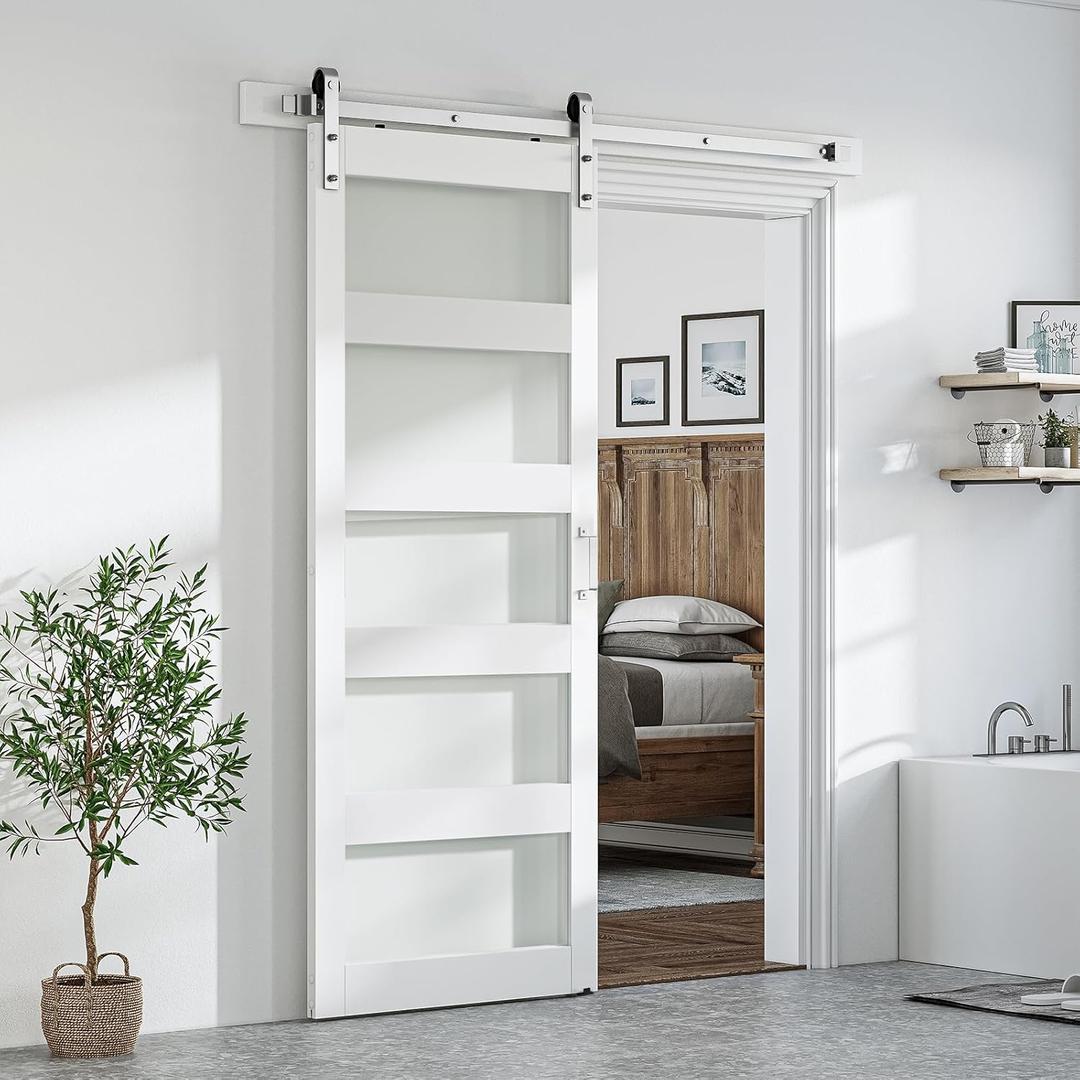 SmartStandard 36 x 84 inch Glass Barn Door with 6.6FT Brushed Nickel Sliding Hardware Kit & Handle, Pre-Drilled Ready to Assemble, Waterproof PVC Coating, White, 5-Panel Glass