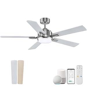 cumilo 52” Smart Outdoor Ceiling Fans LED Lights and Remote,Quiet DC Motor,6 Speed,Dimmable,Indoor Modern Brushed Nickel Ceiling Fan Controlled by WIFI Alexa App,Gray Silver Wood Bedroom Patio Porch