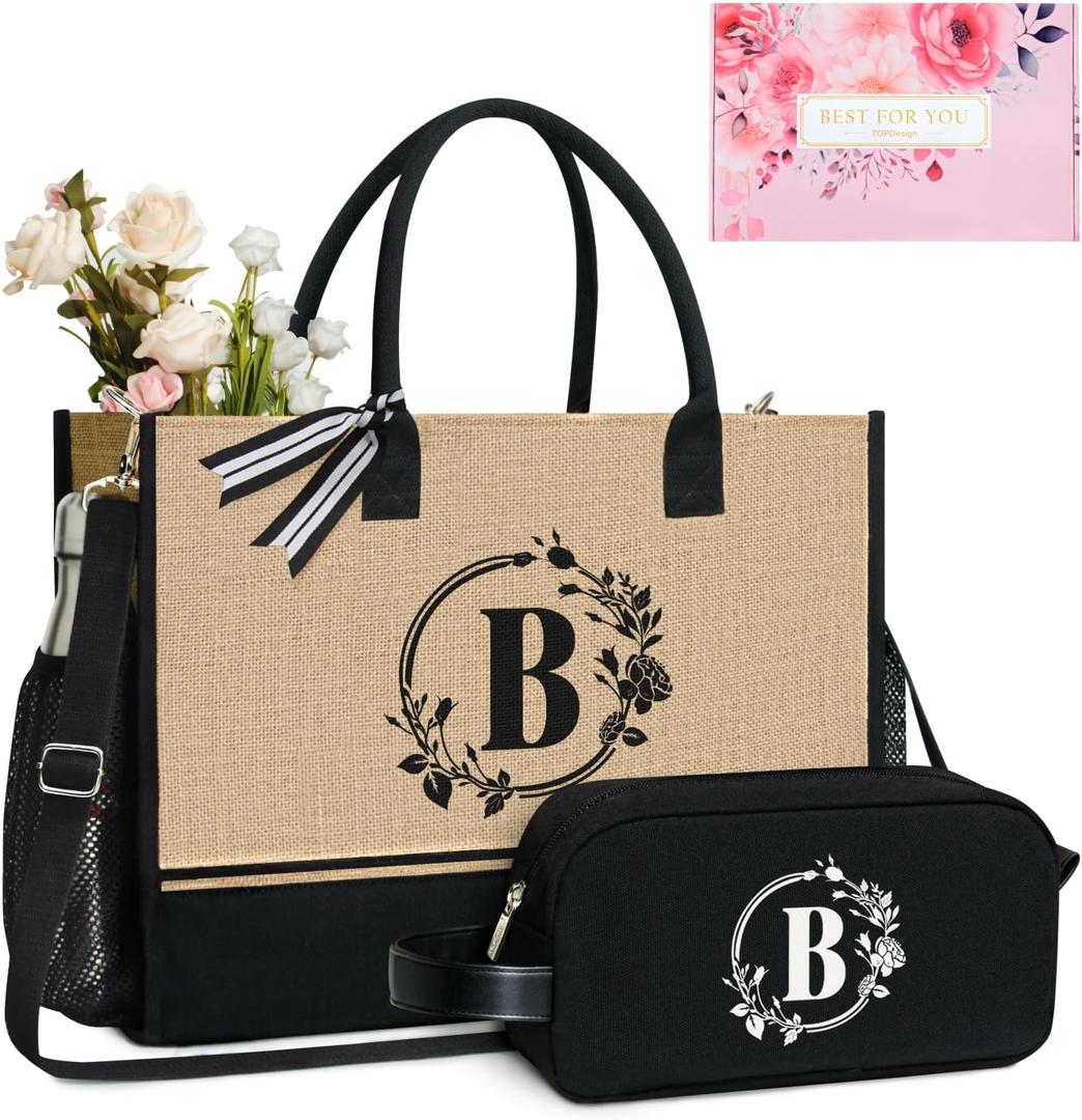 TOPDesign Personalized Initial Canvas Tote Bag, for Wedding, Birthday, Beach, Perfect Gifts for Women, Mom, Teachers, Friends (Black & Brown)