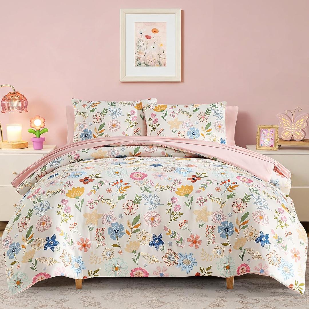 Full Size Comforter Sets for Girls - 7 Pieces Floral Full Size Bedding Sets
Soft Kids Comforter Set, Girls Bedding with Flower Comforter, Sheets, Pillowcases & Shams