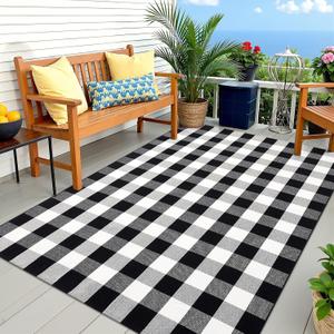 OLANLY Buffalo Plaid Rug 5' x 7'  Black and White Cotton Checkered Doormat, Washable Indoor Outdoor Rug for Layered Front Porch, Kitchen, Entryway Decor