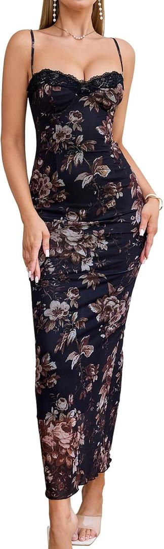 GLNEGE Women's Summer Floral Midi Wedding Guest Dress Spaghetti Strap Bodycon Party Dresses Lace Up Slit Casual Dresses (Medium, Black)