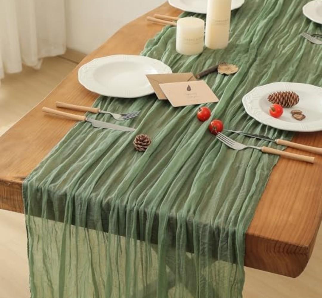 Leetaltree 1 Pack Sage Green Cheesecloth Table Runner, 35x120 Inch Boho Rustic Cheese Cloth, Decorative Table Runners for Bridal Baby Shower Decorations or Wedding Table Decorations