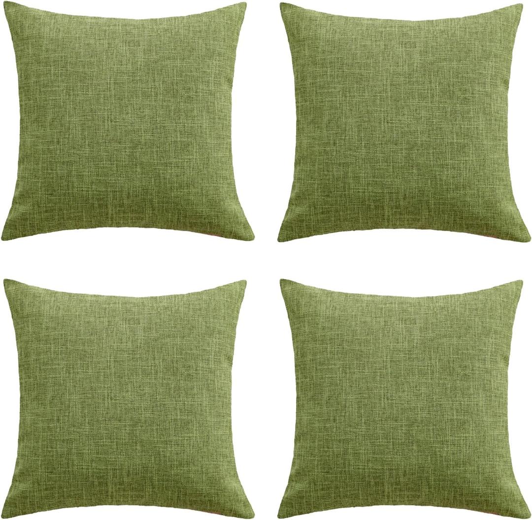 Set of 4 Green Throw Pillow Covers Neutral Textured Linen Decorative Pillowcases 18x18 Inch, Farmhouse Rustic Outdoor Pillow Cover Square Accent Cushion Cases for Sofa Couch Home