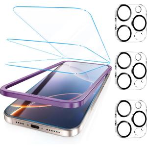 Fotbor [3+3 Pack for iPhone 16 Pro Max Screen Protector, Anti-Blue Light, [Eye Protection] 9H+ Tempered Glass with Camera Lens Protector Anti-Glare (Transparent)