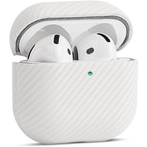 Leather Case - for AirPods 4 / AirPods 4 with Active Noise Cancellation Case Cover - Selected Skin-Friendly Leather, with Carbon Fibre Texture, Handmade Drop Protective Hard Cover - White