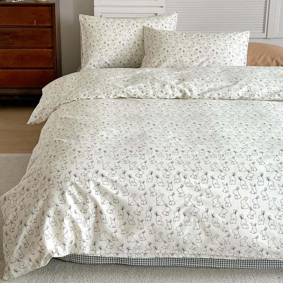 BlueBlue Rabbit Duvet Cover Set Queen 100% Cotton Bedding for Kids Boys Girls Teens Cartoon Cute Bunny on White 1 Kawaii Animal Full Comforter Cover 2 Pillow Shams, Queen (Buka)