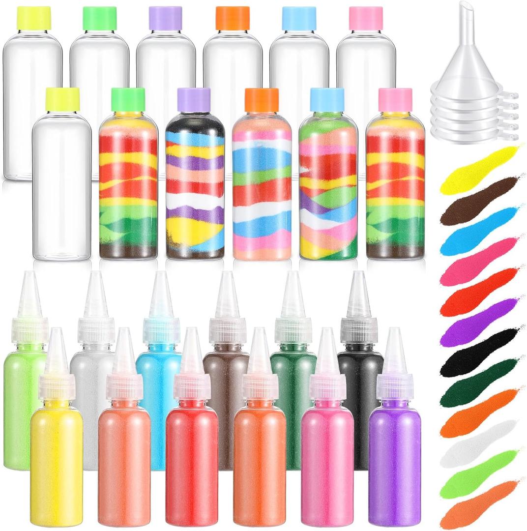 Shappy 12 Pack Sand Art Kits Include 12 Pcs 1.7 oz Plastic Sand Art Bottles, 12 Colored Arts Sands, 5 Mini Funnels for Wedding Birthday Party Decoration Arts Crafts Supplies (Plastic Cap)