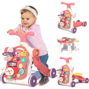 QDRAGON 5 in 1 Walker for Baby Girl, Baby Push Walkers, Assemble as Scooter/Motorbike/Activity Center/Detachable Panel, Walking Toys for Infants 6-12 Months, Red