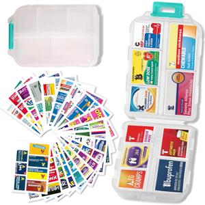 Pill Organizer With Medicine Labels - 7 Day Travel Daily Container, Mini Medication Storage Case, White With 161 Labels (Pill Box with Stickers)