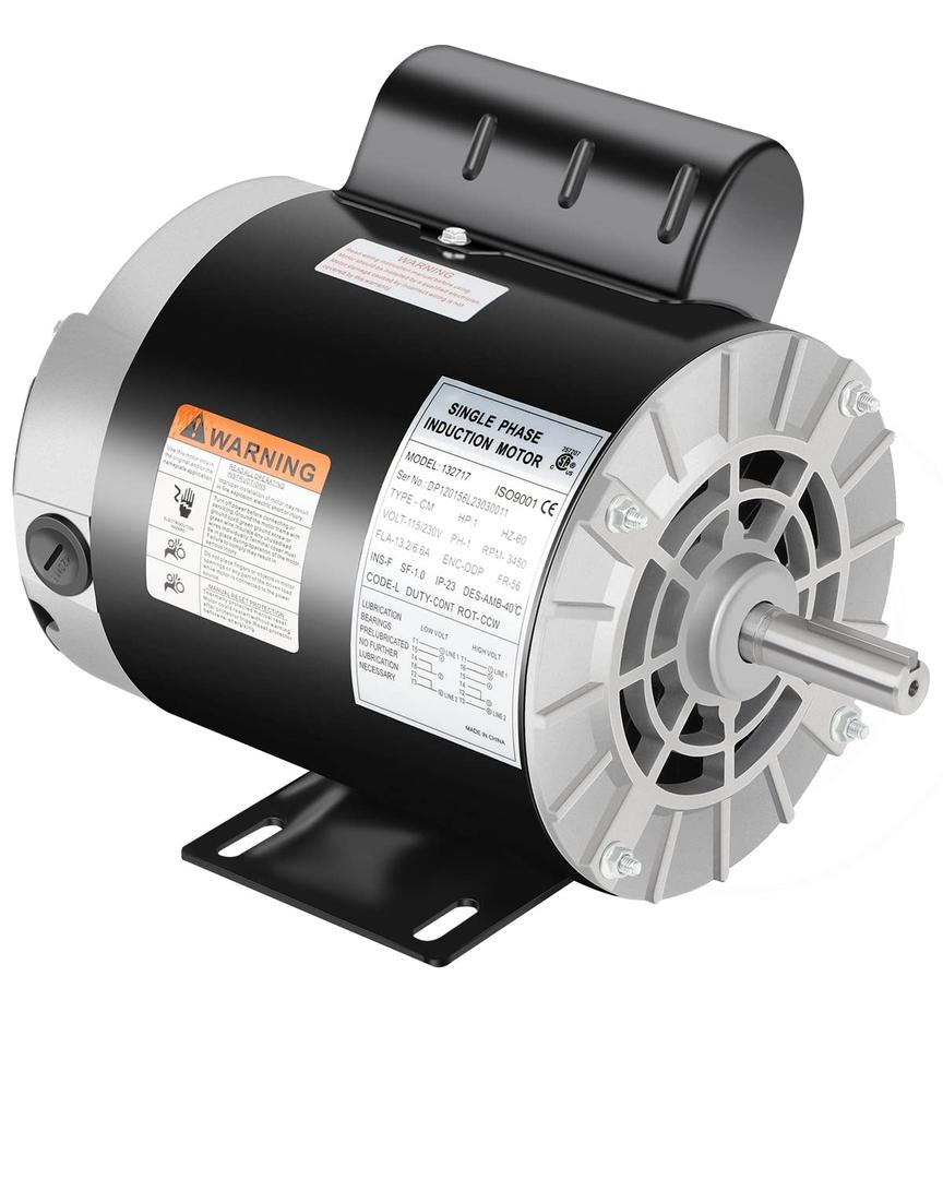 1 HP Air Compressor Motor, Electric Motor 3450 RPM, 115/230V Single Phase, 56 Frame 5/8" Keyed Shaft 60 Hz, Commercial-Duty CCW Rotation, 1.88" Shaft Length for Air Compressors