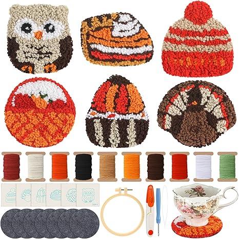 Mindsoft 6 Pcs Christmas Punch Needle Coaster Kit for Adult Beginner Xmas Tree Snowman Punch Needle Embroidery Kit with 6 Patterns Yarn Tool Felt Embroidery Hoop Instruction for DIY Craft Supplies