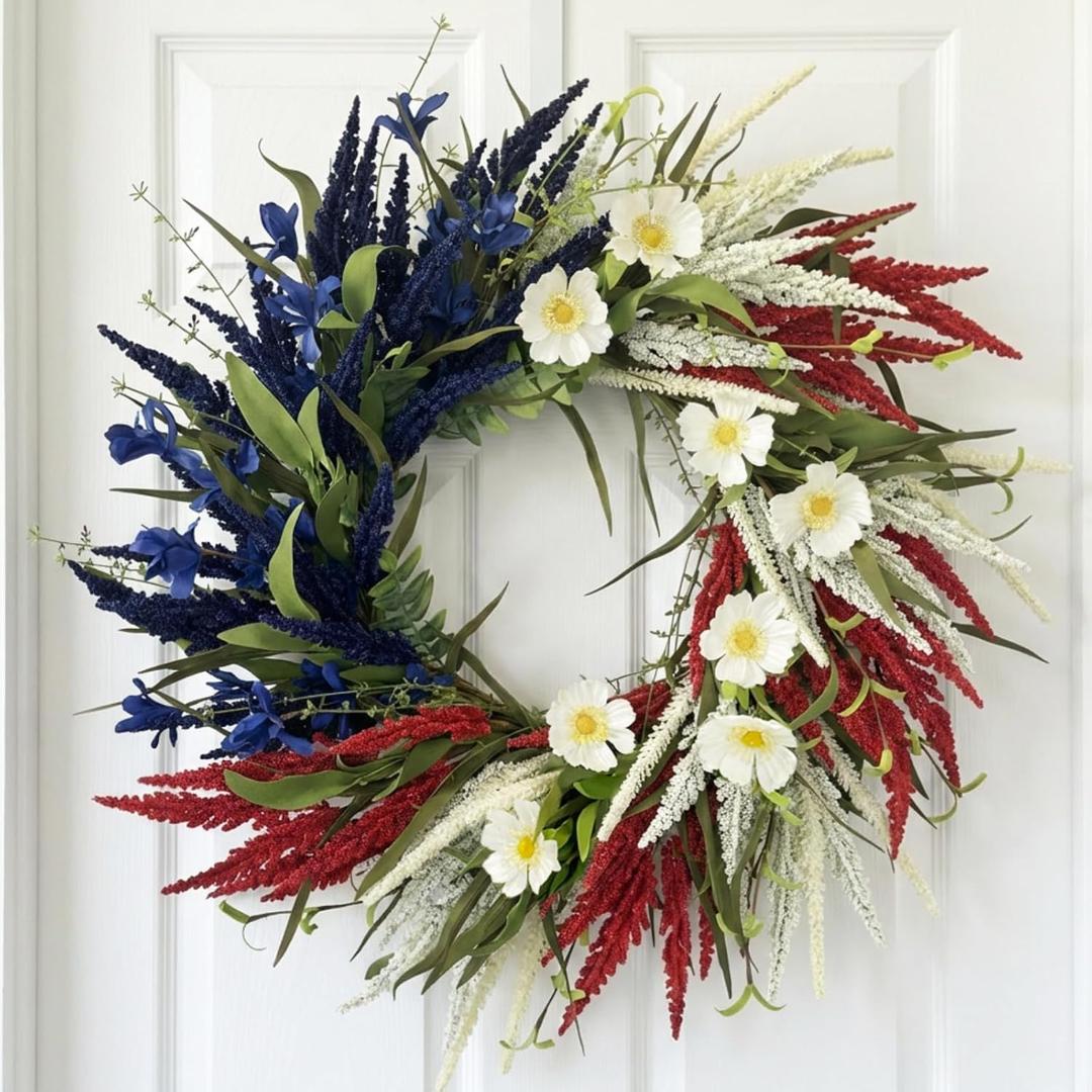 4th of July Wreath for Front Door, 24Inch Large Full Patriotic Wreath with Red White Blue Wheat Spikes & Daisies, Rustic Americana Decor for Independence Day, Memorial Day, Veterans Day