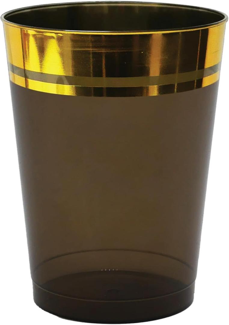 Party Essentials Disposable All-Purpose 10 oz Plastic Tumblers Drinking Cups for Wine/Sparking/Appetizer/Dessert, 50-Count, Semi-Transparent Black with Gold Rim