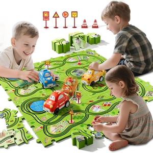 BLmukce 64-Piece Puzzle Race Car Track Set for Toddlers 1-3 | City-Themed Tracks, 3 Cars & Road Signs | Puzzle Car Tracks Toddler Toy Gifts for 2 3 4 5 6 Year Old Boys & Girls