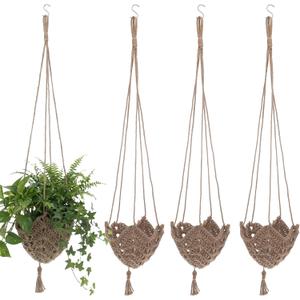 4 Pack Jute Crochet Long Plant Hanger for 3 Inch to 12 Inch Pots, Macrame Plant Hanger Macrame Plant Holder Rope with S Shaped Hooks for Indoor Outdoor Home Decor (Brown)