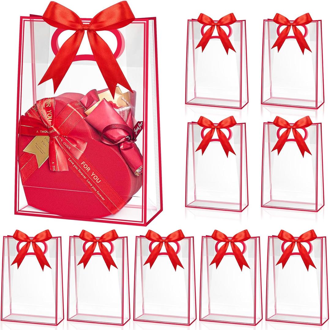 Ohuimrt 12 Pack Clear Plastic Gift Bags with Handles, Reusable Party Favor Bags with Ribbon for Birthday, Wedding, Bachelorette Party, 10.2 x 7.1 x 3.1 Inch (Red)