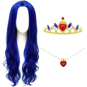 Swooflia Blue Wavy Wig for Women & Cosplay Accessories - Convenient Set Includes Adjustable Wig Cap, Necklace, Crown, Cosplay Wig for Halloween, Costume, Party and Daily Use (Wig-25)