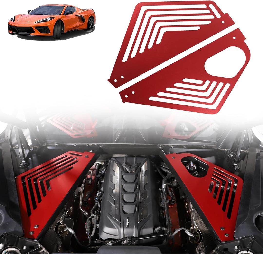 Sekhyna Engine Bay Panel Cover Trim Compatible with Chevrolet Corvette C8 Stingray 2020-2024 Aluminum Alloy 2PCS Engine Compartment Left Right Protection Leakproof Cover Trim Accessories (Red)