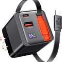 65W Retractable USB C Charger Block, PD PPS Fast Charging Wall Charger with Retractable TypeC Cable and Dual Port, Portable GaN3 with Foldable Plug for MacBook, iPhone 16, iPad, Galaxy, Pixel