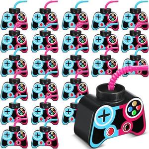 Mifoci 6 Pcs Plastic Video Game Party Cups with Straw and Lid 10oz Gamer Birthday Themed Drink Cups 7th Video Game Party Favors for Kids Toddlers Gamer Birthday Supplies (Blue,Rose)