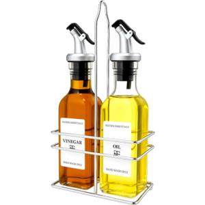6 Oz Oil and Vinegar Bottle Cruet Set with Wire Caddy  2 Pack Glass Dispenser Bottles (No-Drip Spout)