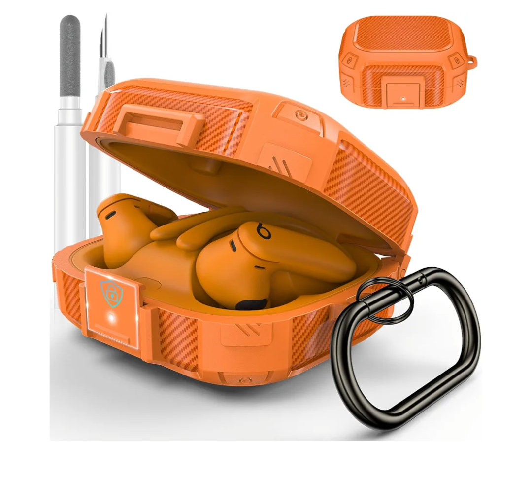 [Upgrade Secure Lock] for Beats Powerbeats Pro 2 Case Cover, LDSXAY Carbon Fiber Shockproof Protective Cover for Powerbeats Pro 2 2025 with Cleaner Kit & Carabiner (Orange)