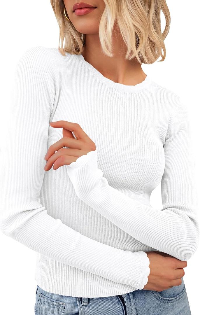 PRETTYGARDEN Womens Long Sleeve Shirts Ribbed Knit Fitted Cute Tops for Women Trendy Basic Pullover Shirt Fall Clothes (M)