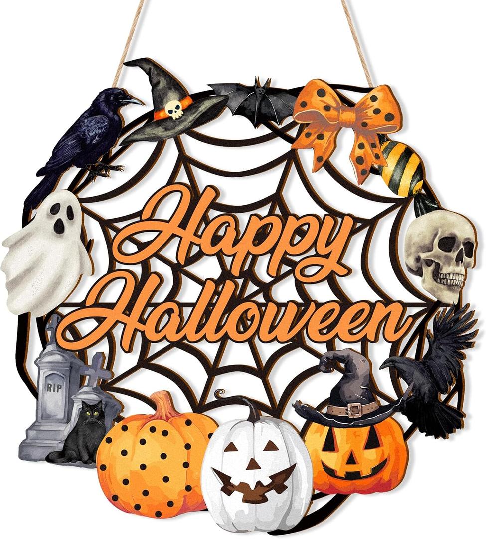 Halloween Decoration Wooden Ghost Door Wreath for Front Door Sign Wall Signs, Pumpkin Bat Black Cat Happy Halloween Sign Hanging for Home Wall Decor Halloween Party Outdoor indoor Supply