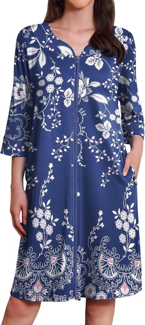 Ekouaer Zipper Robes for Women 3/4 Sleeves Housecoat Soft Nightgowns Sleepwear Mumu House Dresses with Pockets (XX-Large, Evening Blue Vines) Ekouaer Zipper Robes for Women 3/4 Sleeves Housecoat Soft Nightgowns Sleepwear Mumu House Dresses with Pockets (XX-Large, Evening Blue Vines)