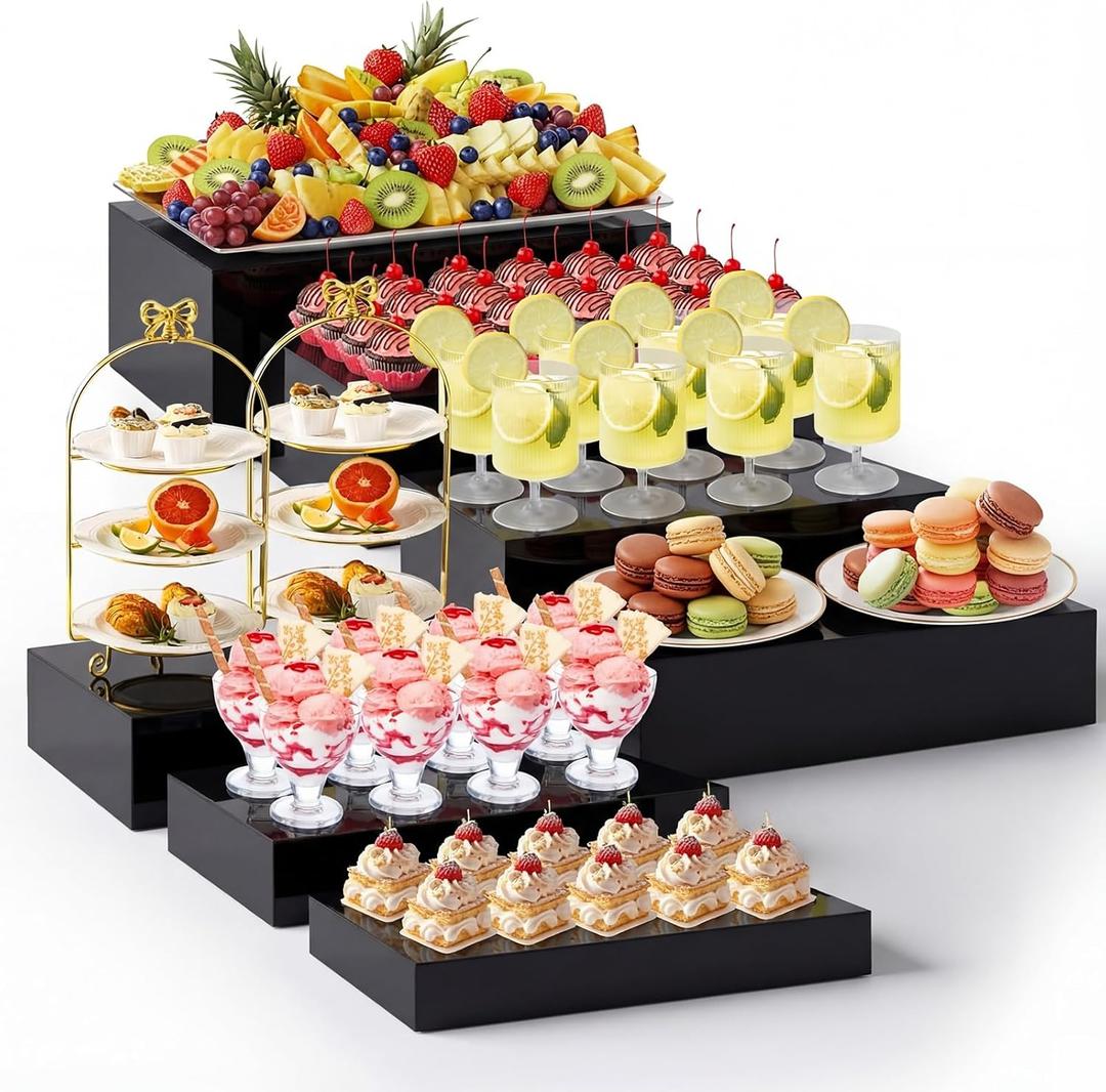 Leinuosen 7 Pcs Extra Large Buffet Risers Set 10" to 16" Rectangle Acrylic Display Box Catering Dessert Table Riser Food Display Decorative Stand with Hollow Bottom for Catering Supplies(Black)