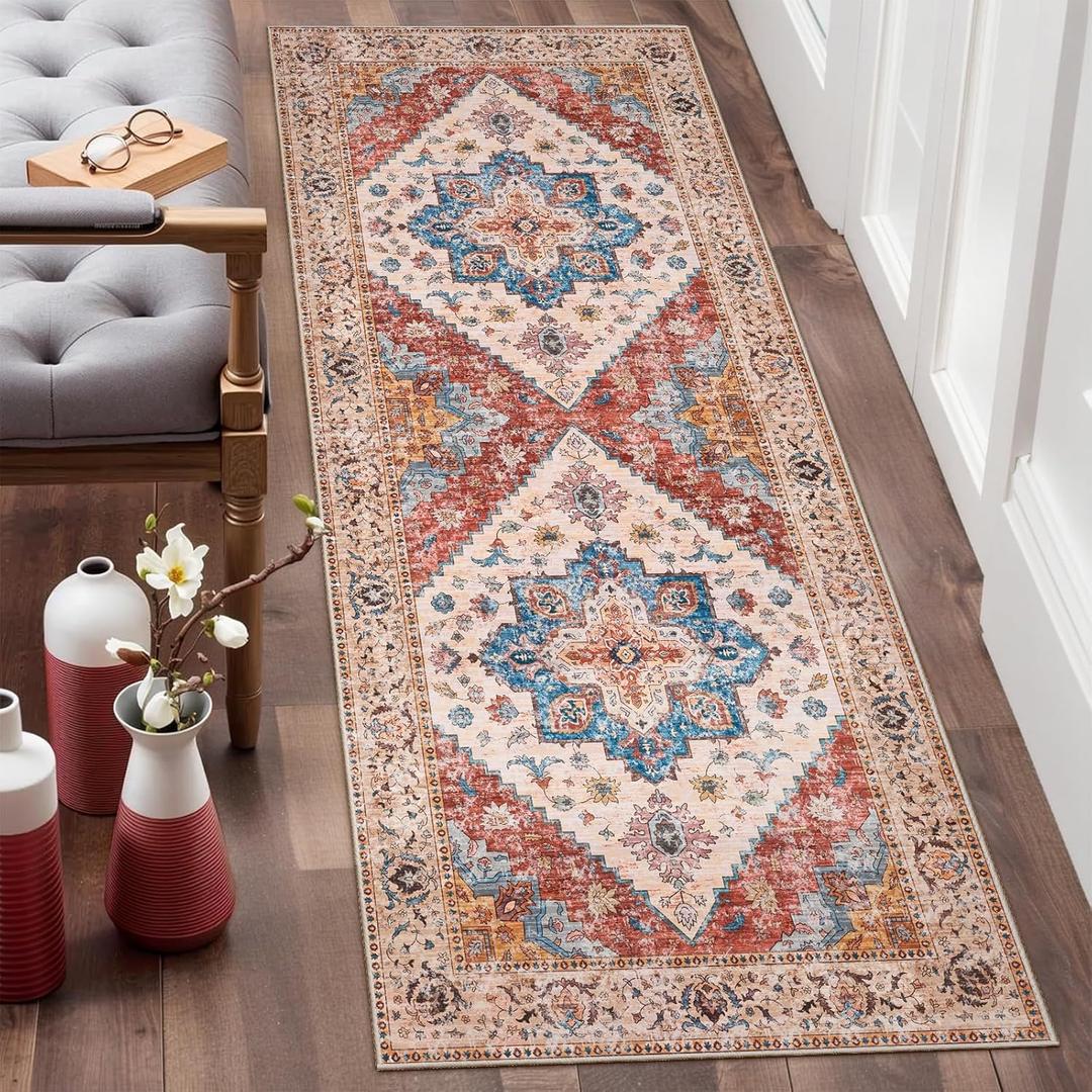 Ciicool Washable Runner Rug Non Slip, 2'x6' Hallway Rug Vintage Kitchen Rugs Carpet for Bedroom Laundry Bathroom Decor (2' x 6', Vintage Orange/Blue)