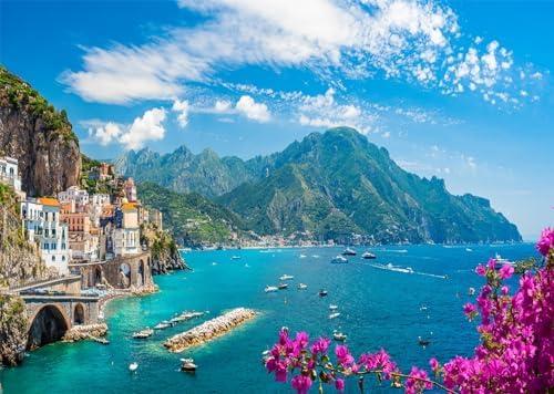 BELECO 8x6ft Fabric Italian Amalfi Coast Backdrop Italy Landscape Positano Coast Village Sunset View Mediterranean Sea Background Italian Theme Party Decorations Kids Adults Photoshoot Studio Props