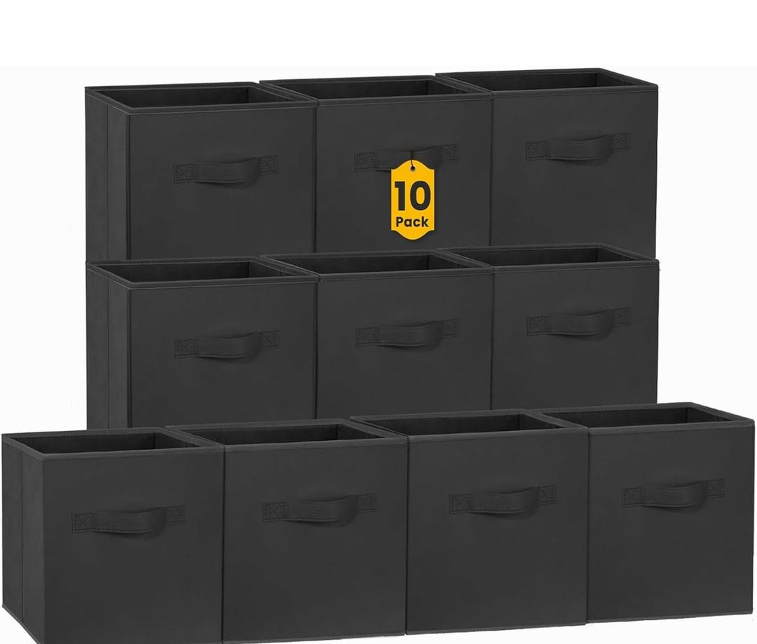 Criusia Storage Cubes, 11 Inch Clothes Storage Bins for Shelves Closet (10 Pack), Fabric Collapsible Storage Bins with Dual Handles, Cubby Storage Baskets Boxes, College Dorm Room Essentials (Black)