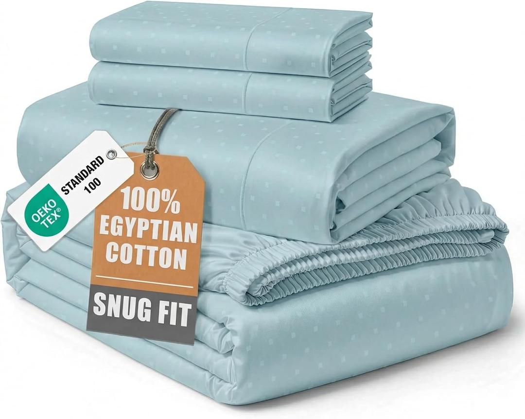 LANE LINEN Luxury Hotel Style 100% Egyptian Cotton Bed Sheets King Size, Mercerized Cotton, Sily Finish, No Pill Fade Resistant King Bedding Sheets & Pillowcases Jaquard Swiss Dot - Blue Sky