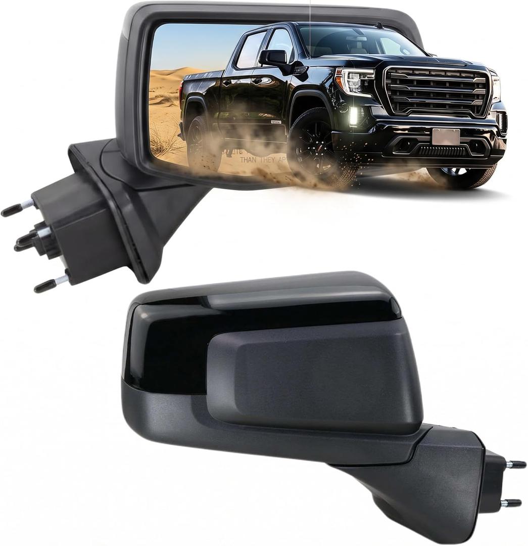 Right Passenger Side Mirror Fits 2019 2020 2021 2022 2023 2024 2025 2026 GMC Sierra 1500, Manual Folding/Power Glass/Heated/Temperature Sensor (Glossy Black,7Pins)