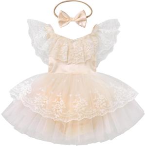 FYMNSI Infant Baby Girl 1st Birthday Outfit Floral Lace Tulle Romper Tutu Dress Headband 2PCS Bodysuit Princess Summer Clothe (9-12 Months, Apricot)