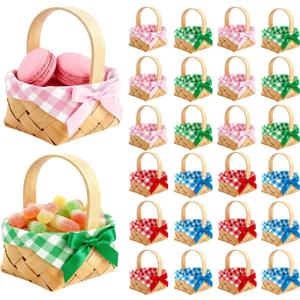 24Pcs Mixed 4 Colors Mini Woven Picnic Baskets S/M Combo with Handles, Satin Bows & 80 Gingham Napkins, Rustic Favor Baskets for Wedding, Baby Shower, Easter, Christmas, Party Favors