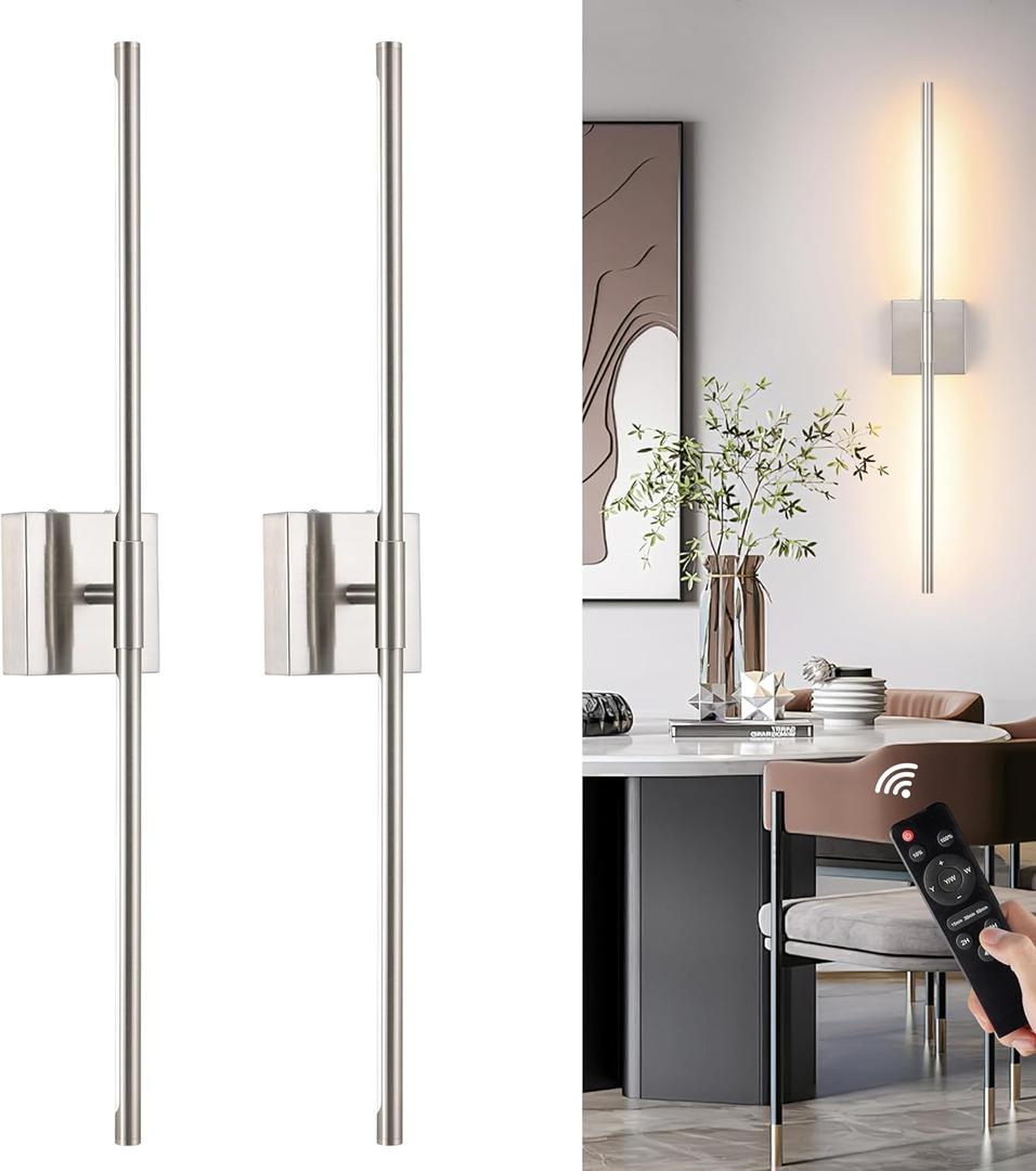 Battery Operated Wall Sconces Set of 2, Dimmable Battery Wall Sconce with Remote Control, Sand-Nickel LED Rechargeable Sconces, 24 Inch Modern Wireless Wall Lights for Bedroom, Living Room