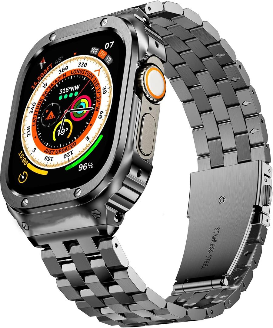 SUPLINK Stainless Steel Case with Bands Compatible with Apple Watch Ultra Band/ 3/ Apple Watch Ultra 2 Band 49mm, Metal Rugged Protective Bumper for iWatch Bands Men, Space Grey