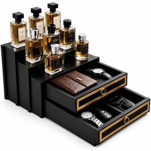 Wooden Cologne Organizer for Men - 4-Tier with 2 Drawer Storage for Watch, Key, Jewelry - Black & Gold Perfume Organizer - Perfume Display Shelf with Accessories holder - Gifts for Men