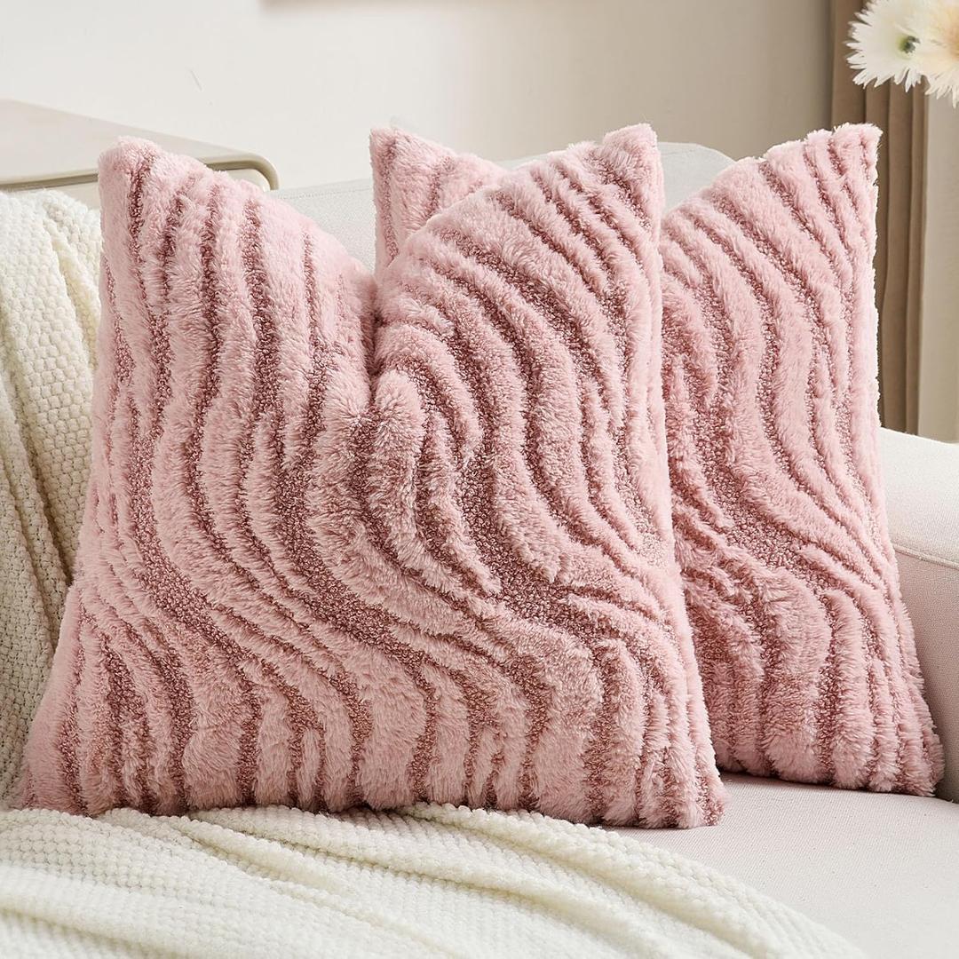 FUTEI Pack of 2 Solid Faux Fur Geometric Striped Throw Pillow Covers 16x16 Inch Soft Farmhouse Decorative Accent Lumbar Pillowcases Modern Home Decor for Couch Living Room, Pink