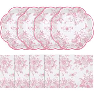 NatNarr 50 Pcs Pink Floral Plates and Napkins, Pink and White Party Supplies Include Scalloped Floral Dessert Plates and Disposable Tolie Napkins for Easter, Baby Bridal Shower, Wedding, Mothers Day